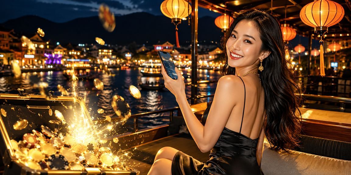 Người dùng tại chợ đêm Hội An sử dụng điện thoại tham gia casino và nhận thưởng khuyến mãi